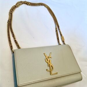 YSL Yves Saint Laurent Kate Small in Grain de Poudre Leather (Cream, Gold)